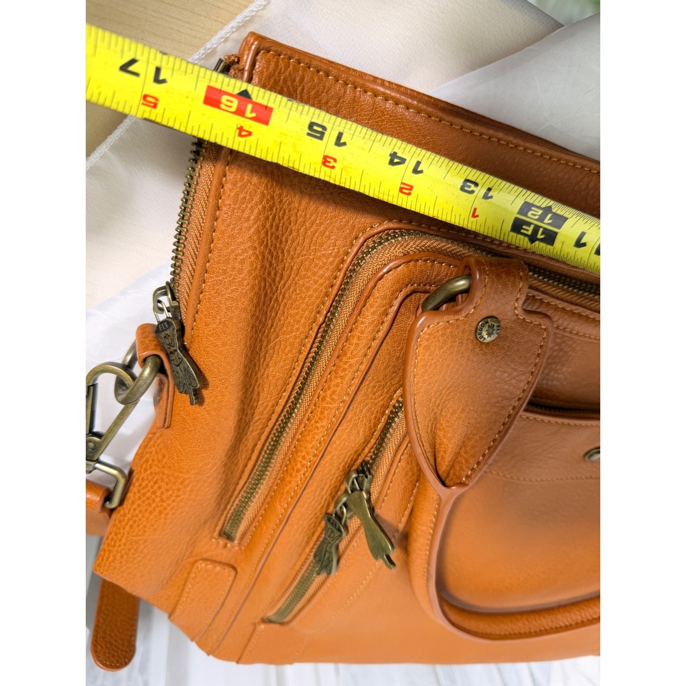 Fly London Tan Brown Pebbled Vegan Leather Satchel Crossbody Bag Multi Pocket - Picture 5 of 9